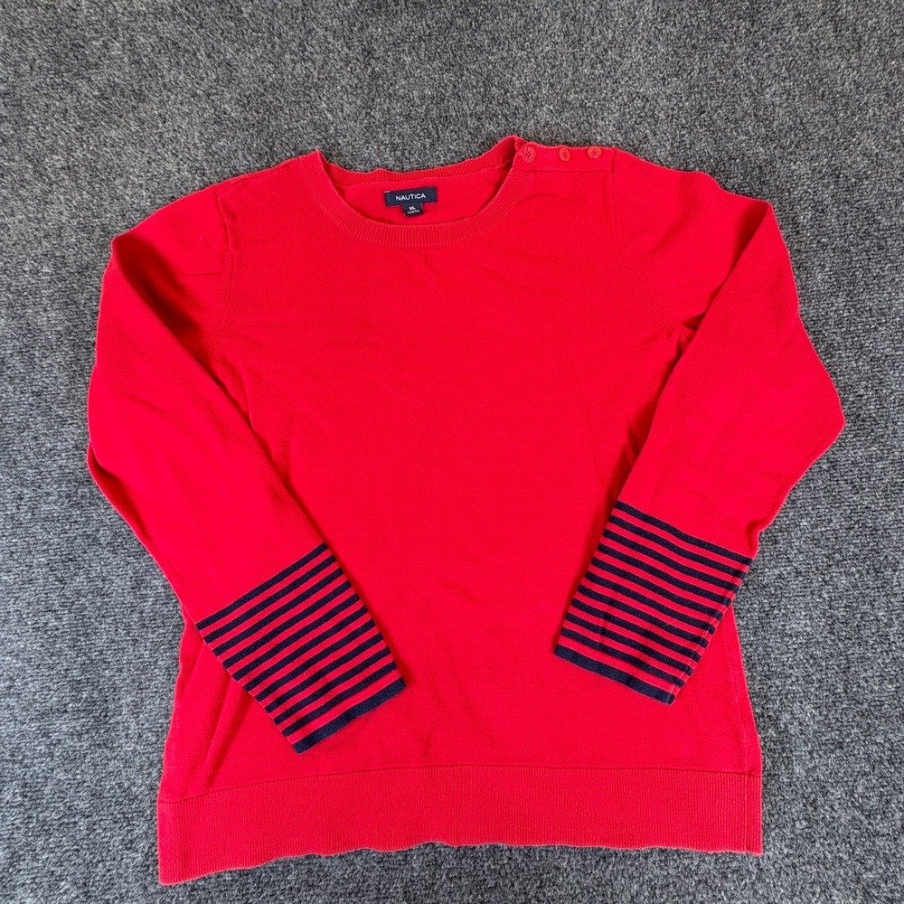 Nautica Sweater Womens‎ XL Red Navy Striped Cuffs Knit Cotton Crew Neck Pullover
